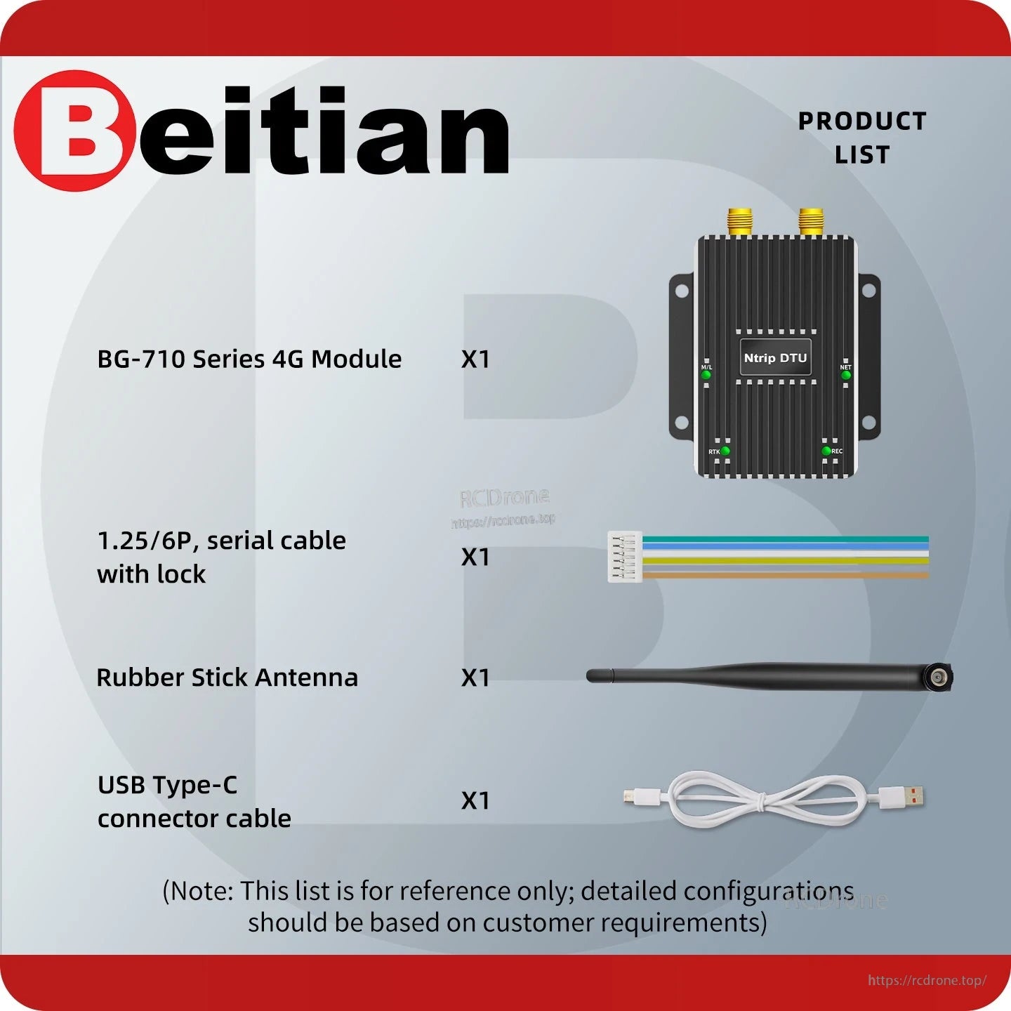 BG-710 product list showing module, serial cable with lock, rubber stick antenna, and USB Type-C cable