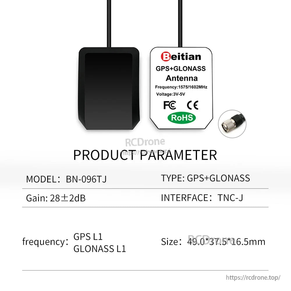 Product parameter chart for model BN-096TJ GPS+GLONASS antenna with TNC-J connector