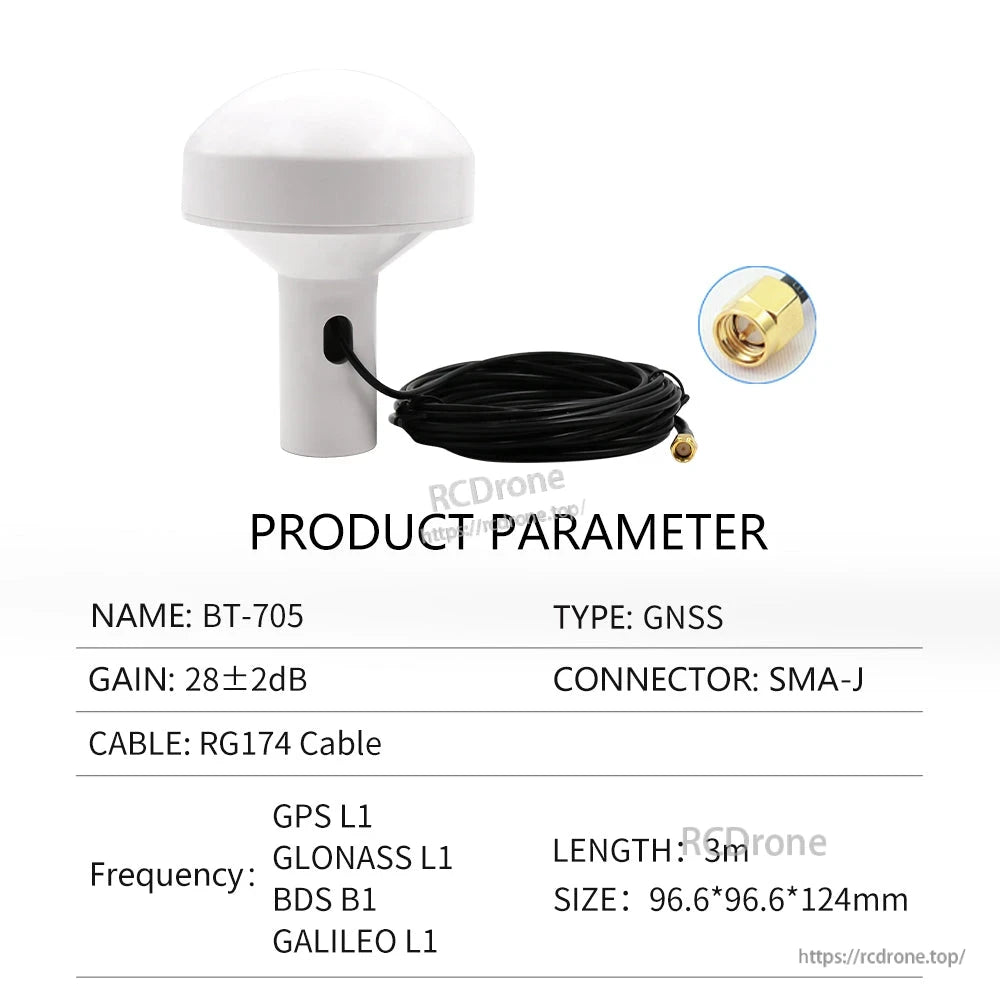 BT-705 GNSS antenna parameter chart with RG174 cable, SMA-J connector and multi-system frequency list