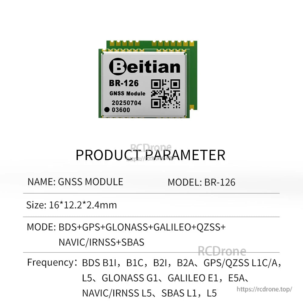BR-126 GNSS module parameter sheet highlighting supported systems and frequency bands (GPS/BDS/Galileo etc.)