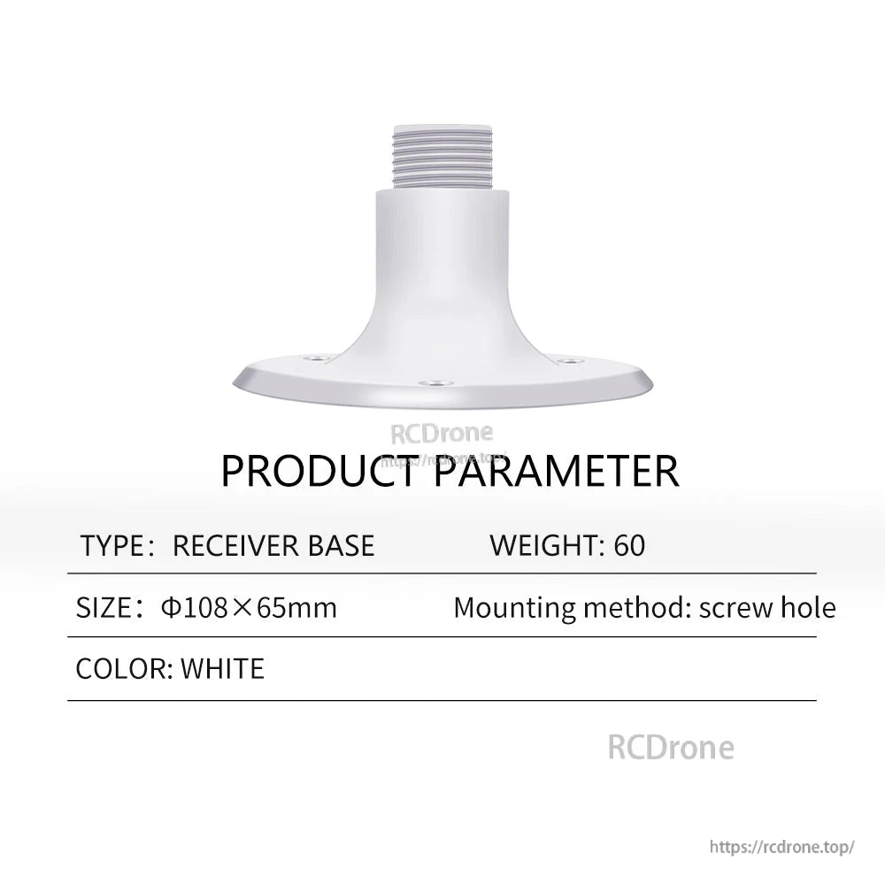 Receiver base product parameter table showing screw-hole mounting and size Ø108×65 mm