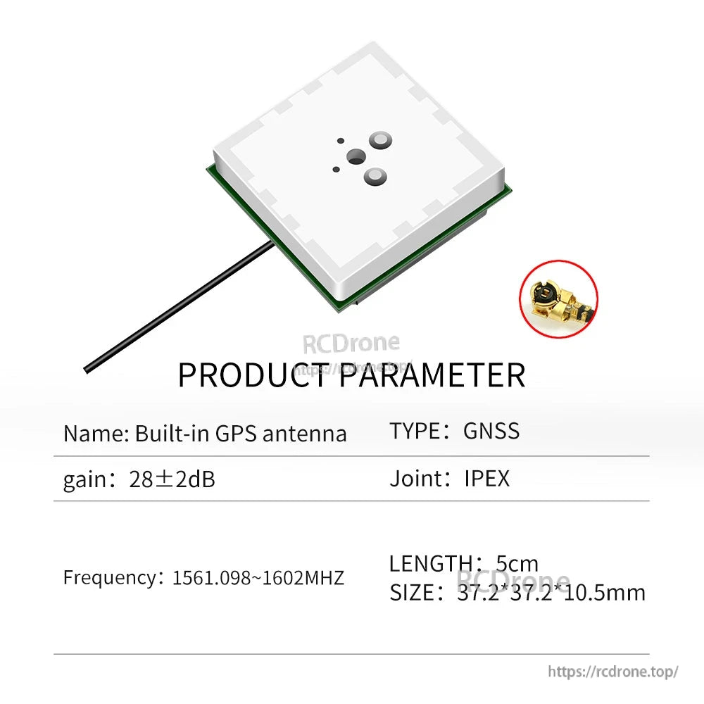Product parameter table for square built-in GPS antenna module with frequency range, size, cable length and IPEX joint