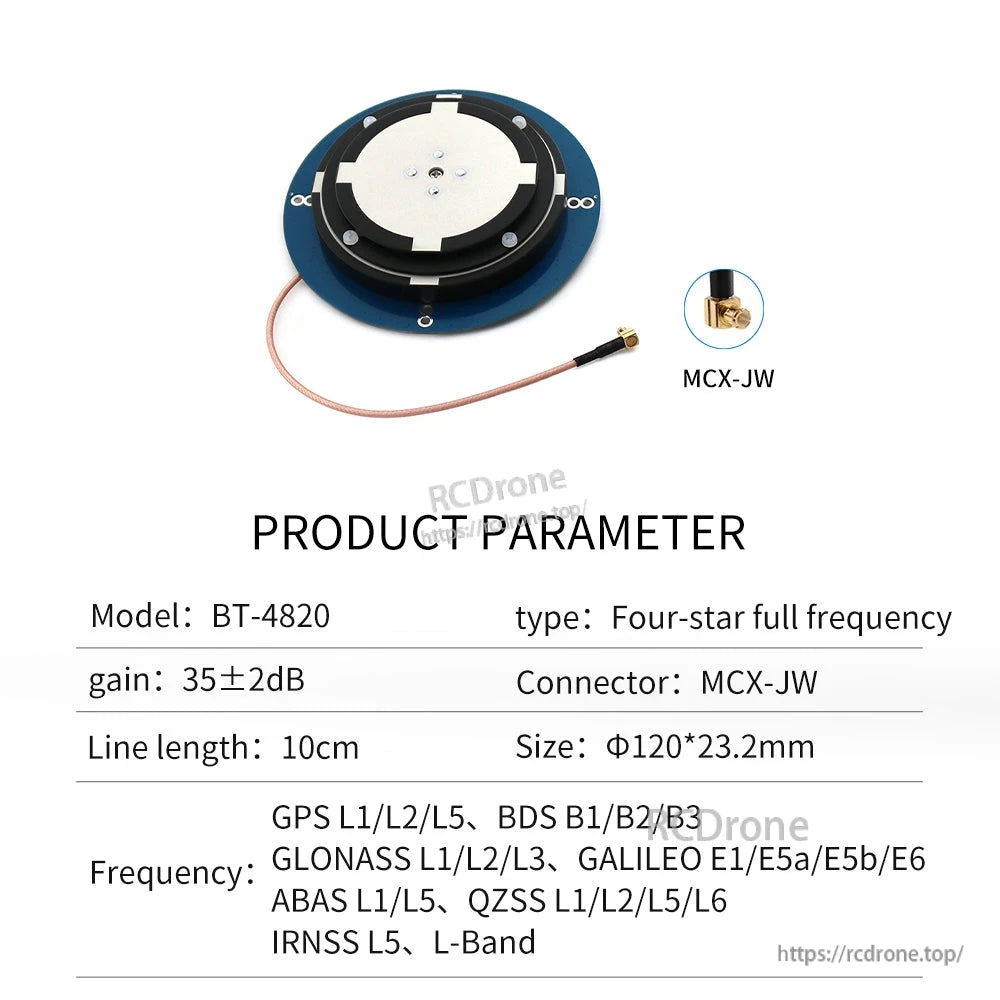 Beitian BT-4820 full-frequency L-Band RTK GNSS antenna parameter table with size, MCX-JW and supported bands