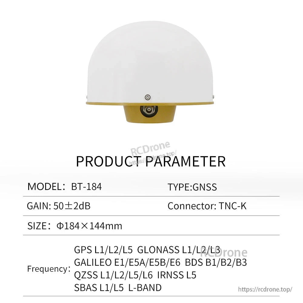Product parameter graphic for model BT-184 GNSS antenna with TNC-K connector and size