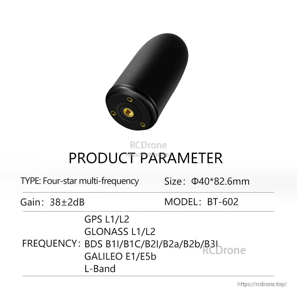BT-602 product parameter chart showing size Φ40×82.6 mm, gain 38±2 dB, GPS/GLONASS/BDS/Galileo
