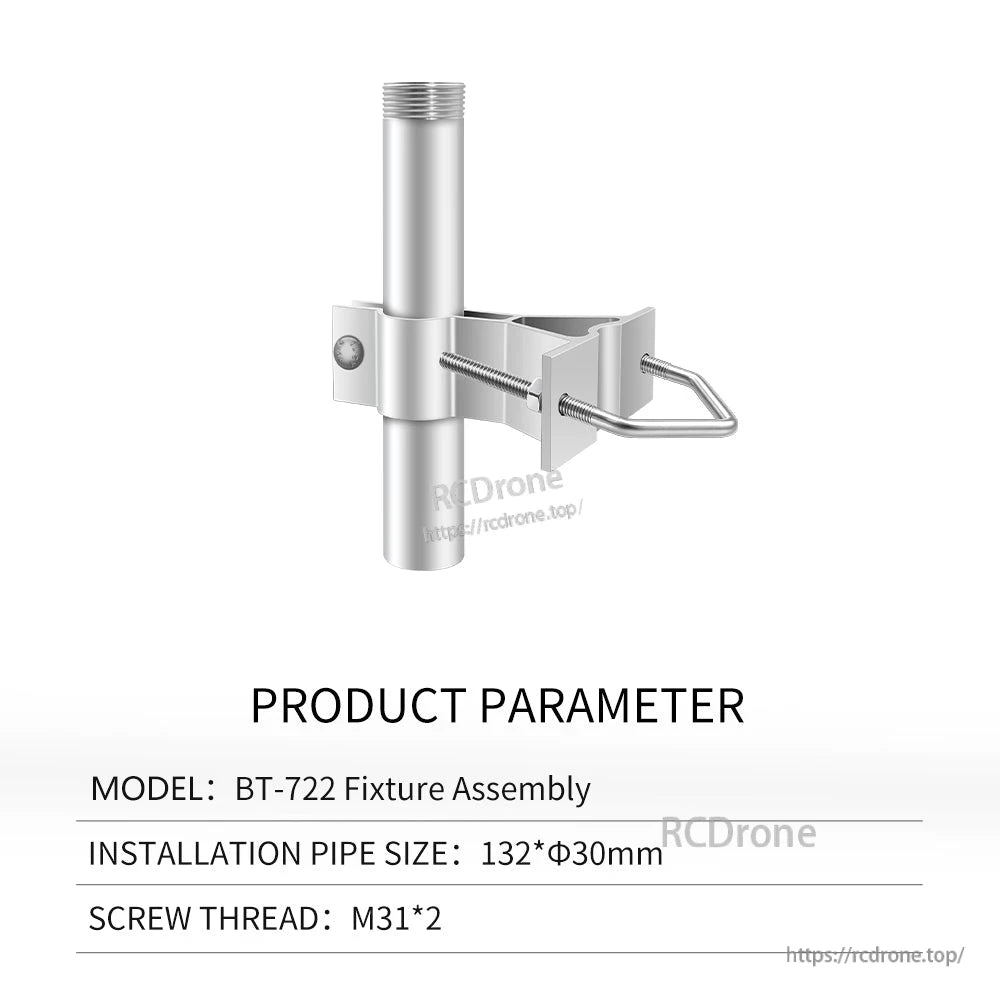 BT-722 fixture assembly mounting bracket product parameter graphic with pipe size and M31×2 thread