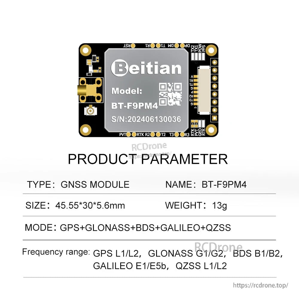Beitian BT-F9PM4 GNSS positioning board with labeled model plate and pin header, 45.55×30×5.6 mm, 13 g
