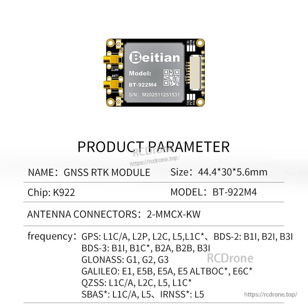 Beitian BT-922M4 GNSS RTK module with dual MMCX antenna connectors, K922 chip, 44.4×30×5.6 mm