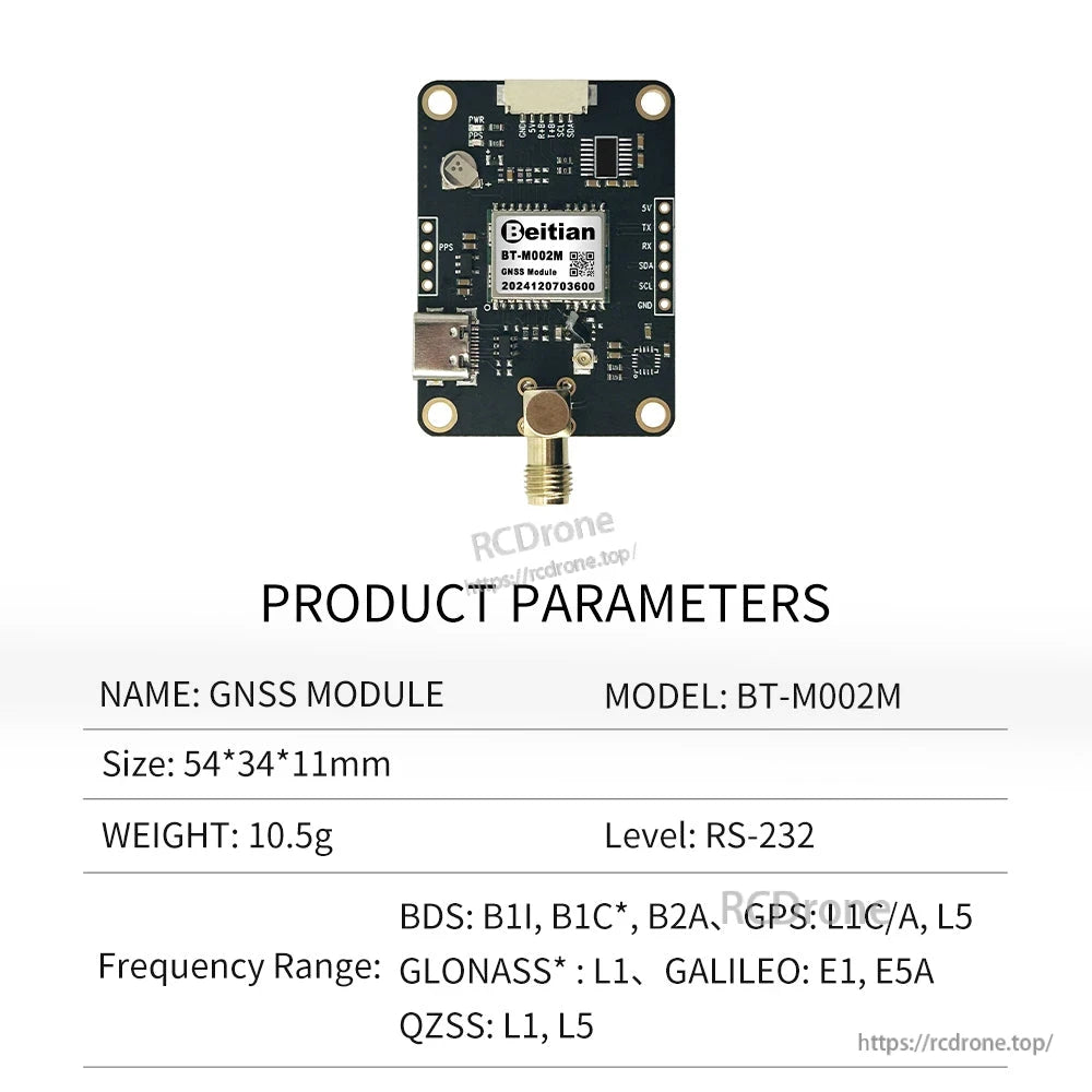 Product parameters chart for BT-M002M GNSS module: 54×34×11 mm, 10.5 g, RS-232 level, frequency range list shown