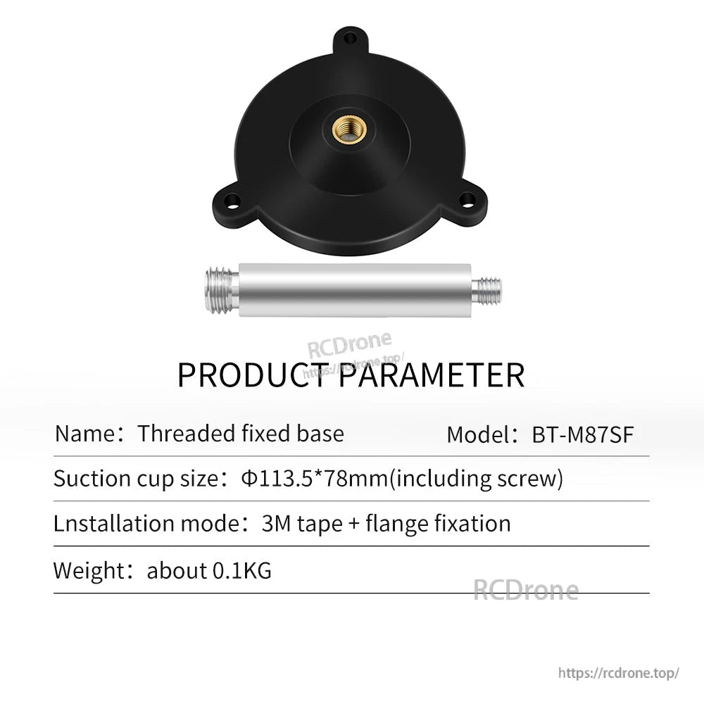 BT-M87SF threaded fixed base parameter chart showing 3M tape + flange fixation and 113.5×78mm size