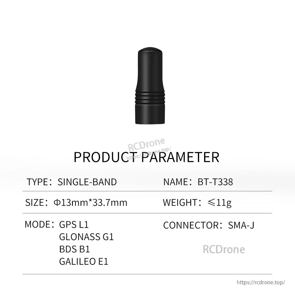 BT-T338 product parameters table: size 13×33.7 mm, weight <11 g, SMA-J, GPS L1/GLONASS/BDS/Galileo