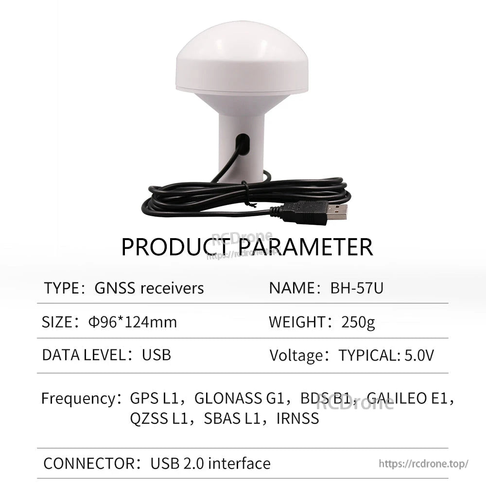 Beitian BH-57U GNSS receiver dome antenna with USB 2.0 cable; Φ96×124 mm, 250 g, 5.0 V typical