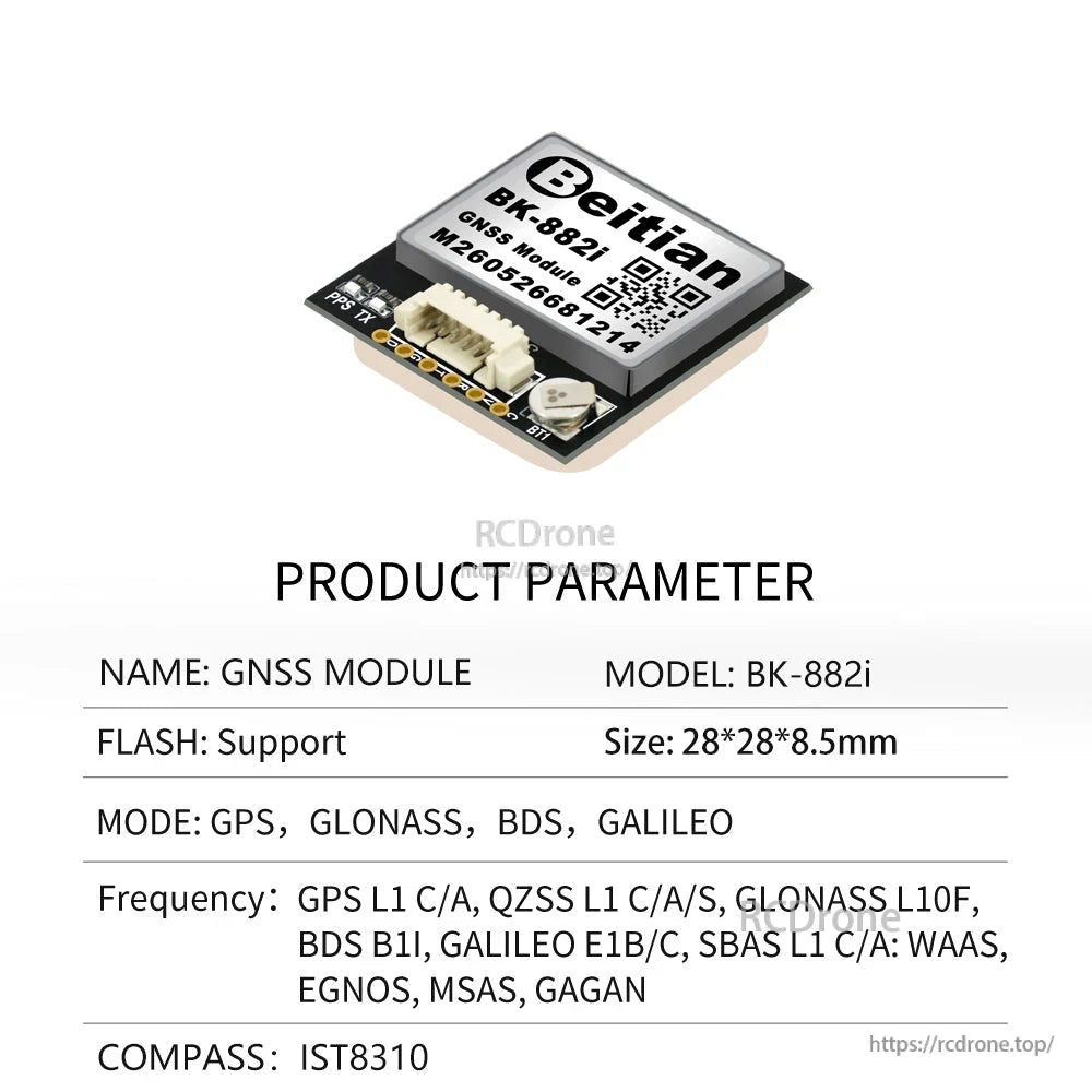 Beitian BK-882i GNSS module with ceramic patch antenna and JST plug, 28×28×8.5mm, GPS/GLONASS/Galileo