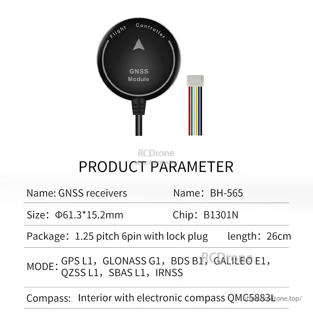 BH-565 GNSS receiver product parameter table with chip B1301N, 6-pin plug, 26cm cable, QMC5883L