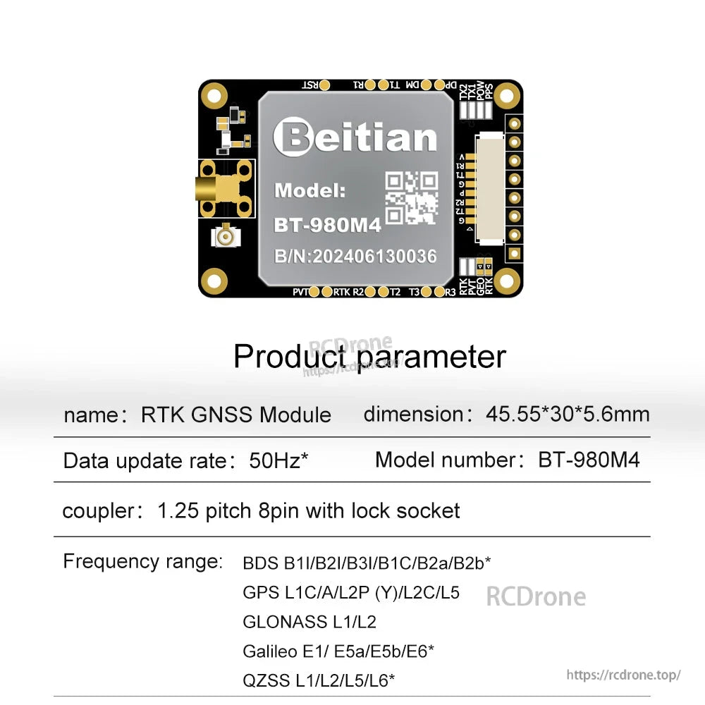 Beitian BT-980M4 RTK GNSS module board with 8-pin lock socket, 45.55×30×5.6 mm, 50 Hz update rate