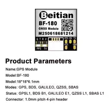 Beitian BF-180 GPS/GNSS module label and product parameters listing size, supported constellations, and 4-pin header