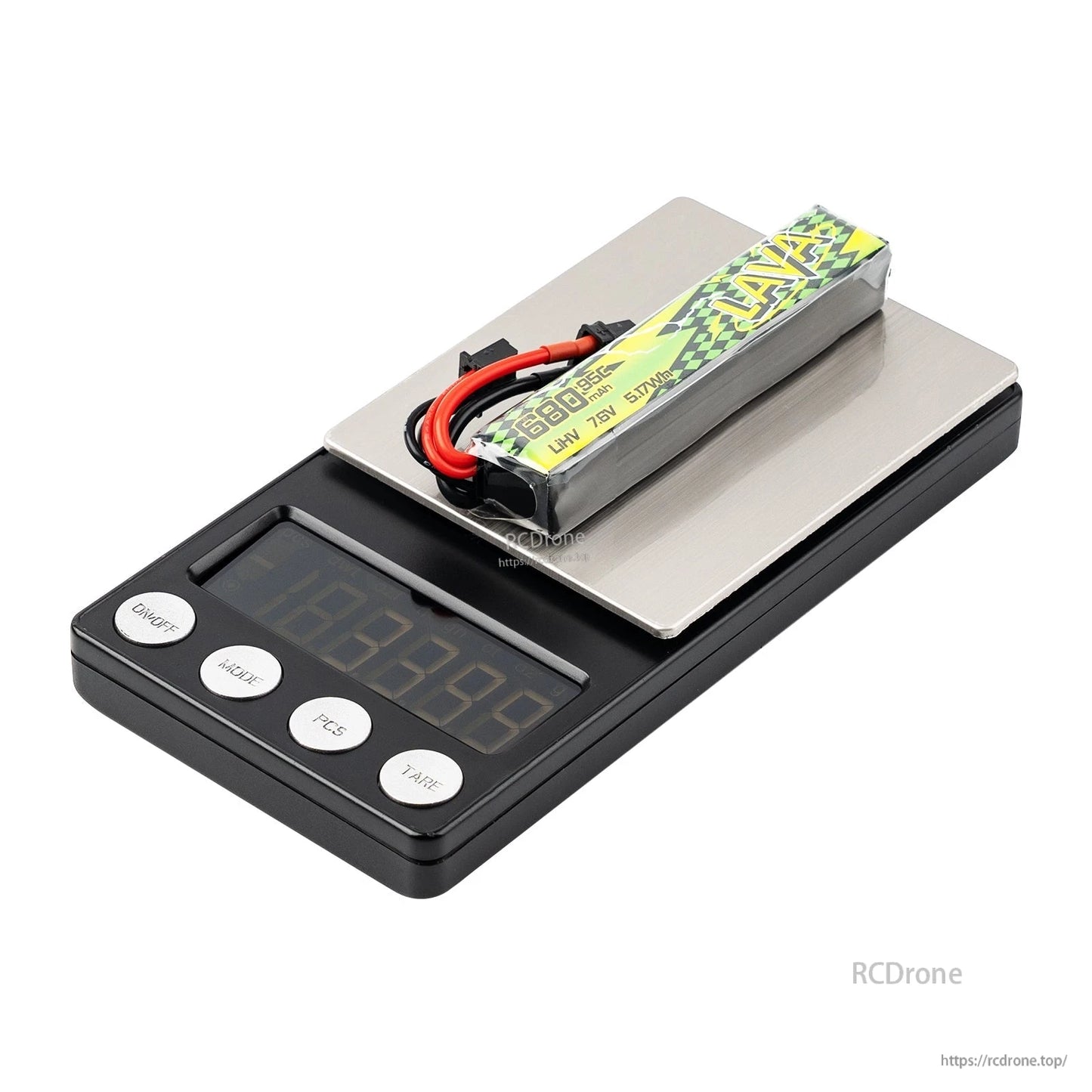 LAVA II 2S LiHV battery resting on a digital scale, showing size and form factor with wires