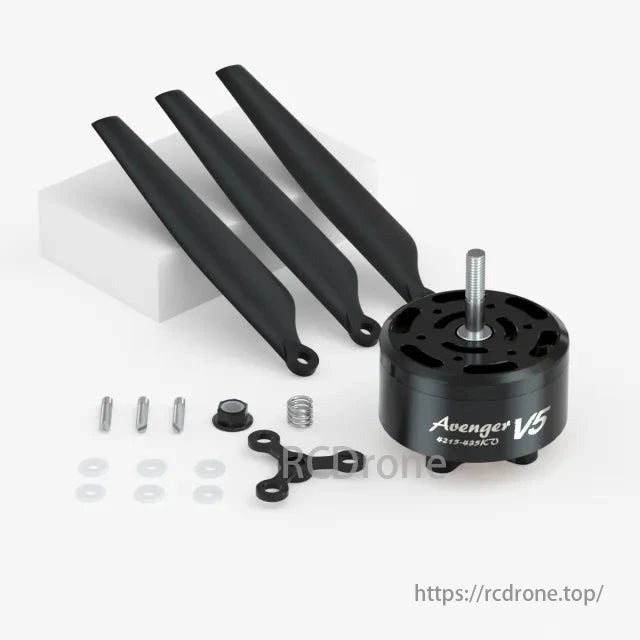 RC drone parts including Avenger V5 motor, propellers, screws, and washers.