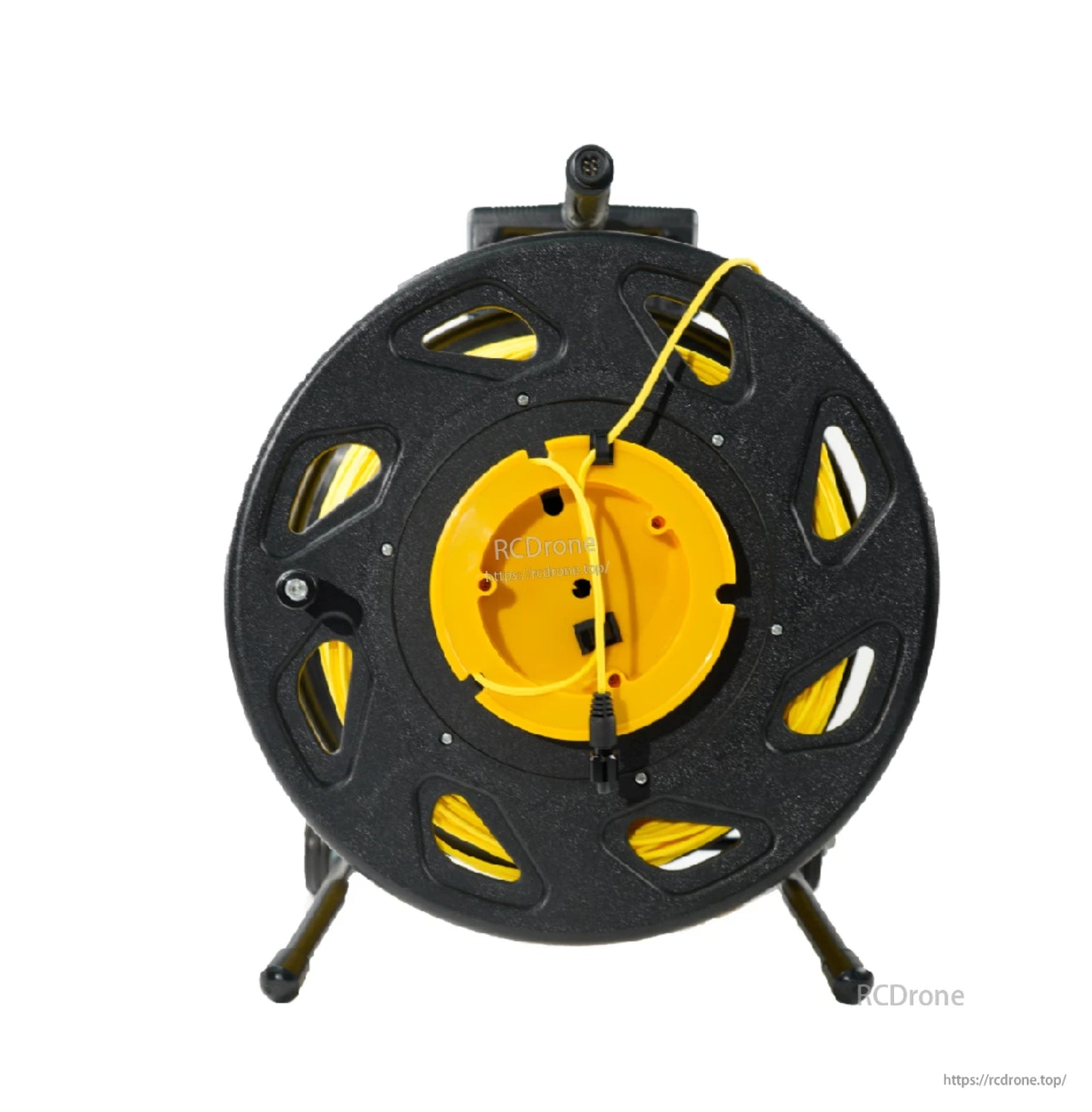 CHASING Reel 300M features a 300-meter tether, black and yellow design, central hub, and multiple cable slots for organized storage.