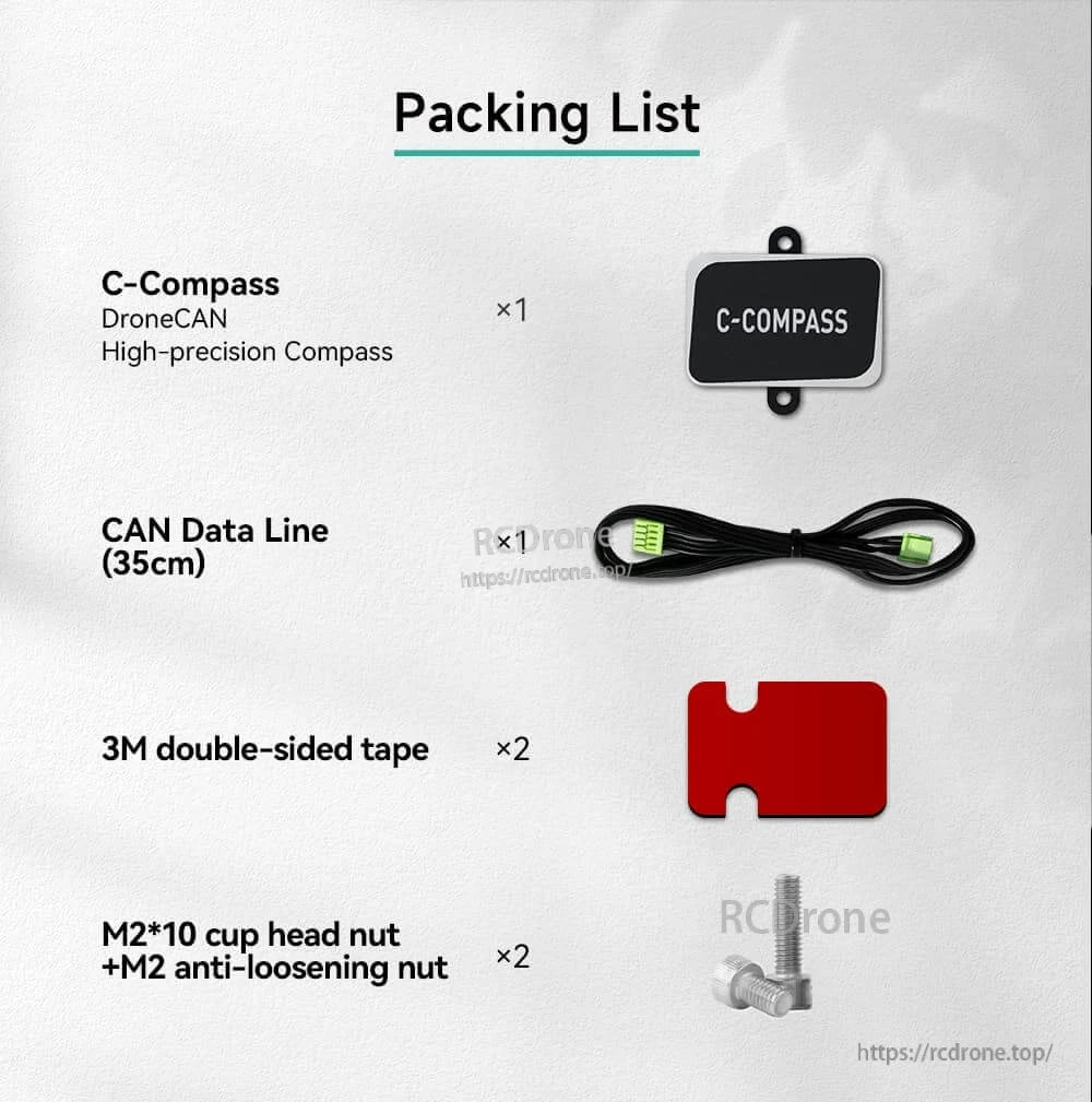 CUAV C-Compass DroneCAN external compass kit with 35cm CAN cable, double-sided tape, and M2 mounting hardware