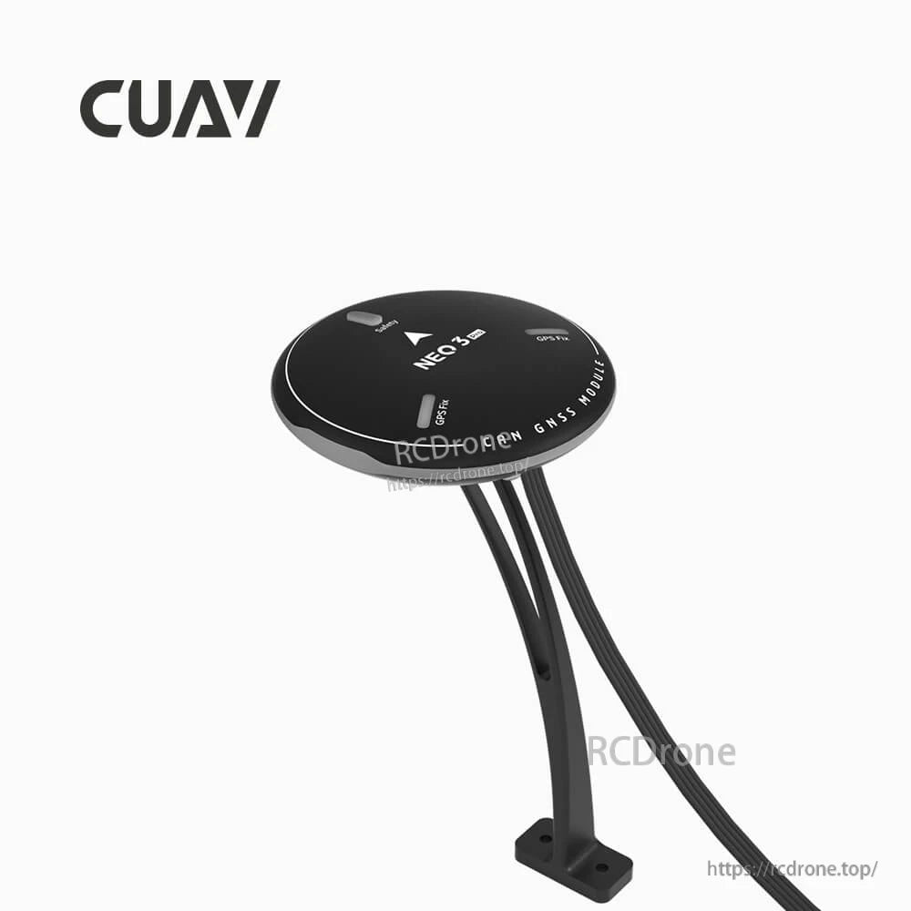 CUAV NEO 3 Pro GPS, CUAV NEO3 Pro GPS/GNSS module puck with mast mount bracket and cable, labeled NEO3 and GPS FIX