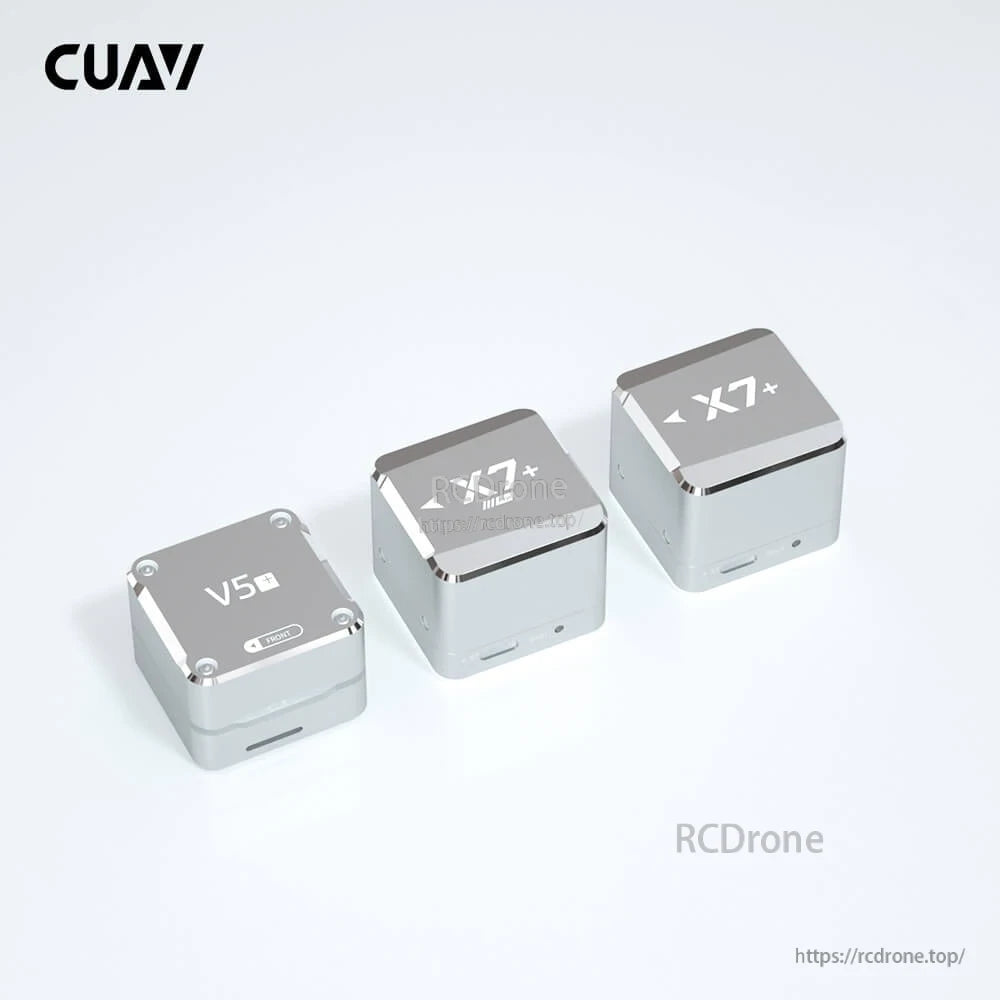 CUAV X7+ core flight controller module in silver metal case, shown alongside CUAV X7 and V5+ units