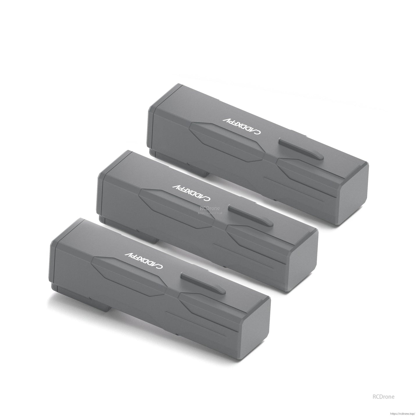Three gray CaddxFPV Protos battery packs shown together, stacked product group view