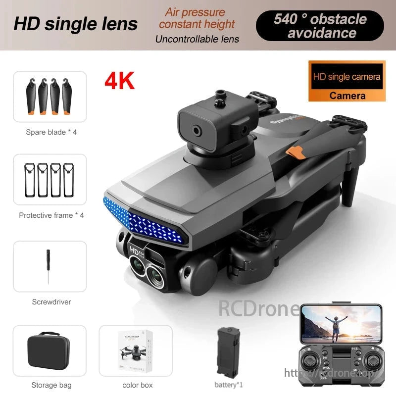 D6 Drone, HD single lens drone with 4K, air pressure stabilization, 540° obstacle avoidance. Accessories include spare blades, protective frames, tools, and battery.