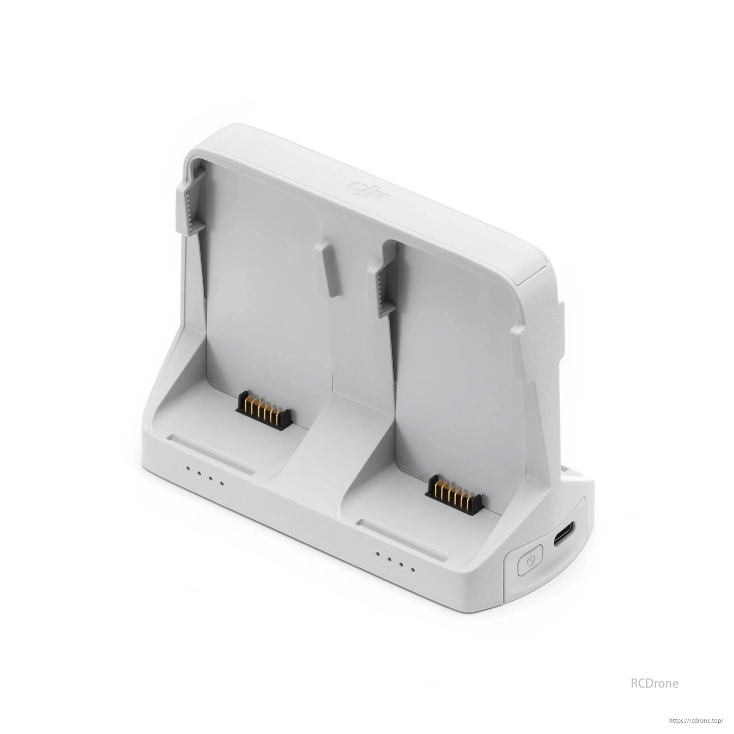 DJI Flip Charger, DJI battery charger, dual slots, gold contacts, USB-C port, power button.