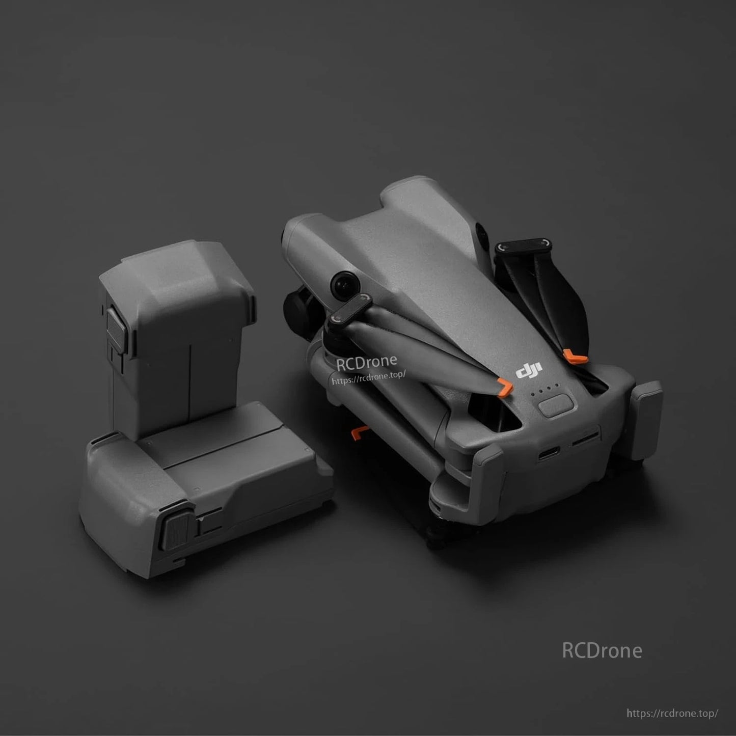 DJI Mini 5 Pro Intelligent Flight Battery, DJI Mini-series drone folded next to an intelligent flight battery pack on a dark background