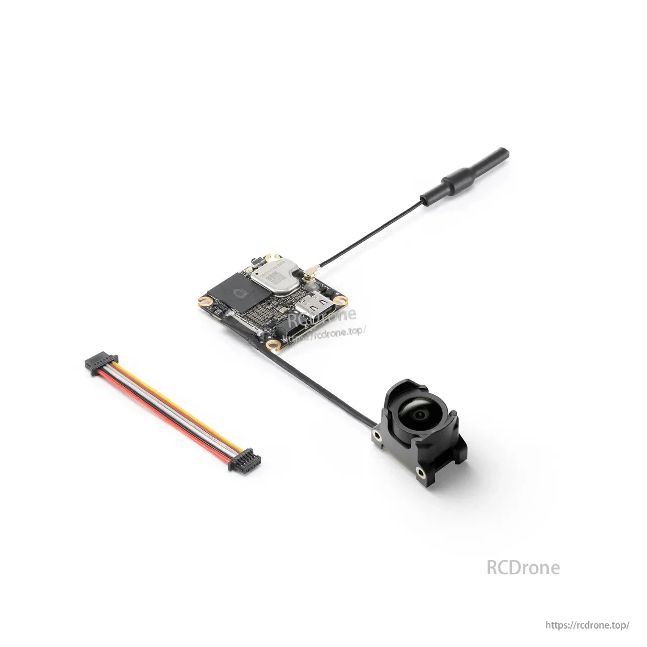 Angled view of DJI O4 Wide Air Unit camera, circuit board, antenna, and connector cable
