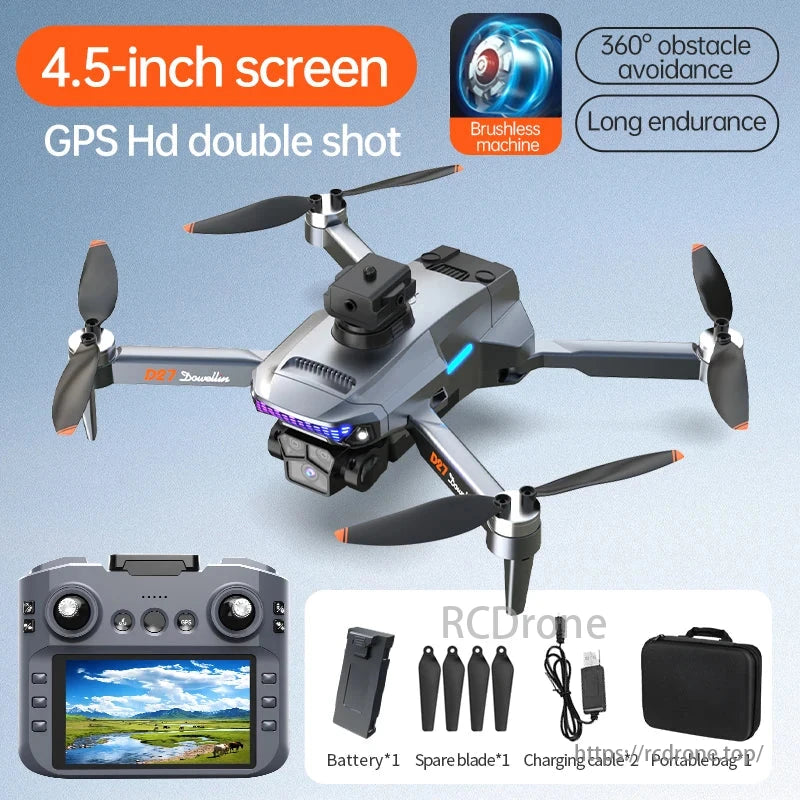 DWI D27 Drone, Drone features: 4.5-inch screen, GPS HD camera, 360° obstacle avoidance, brushless motor, long battery life, accessories included.