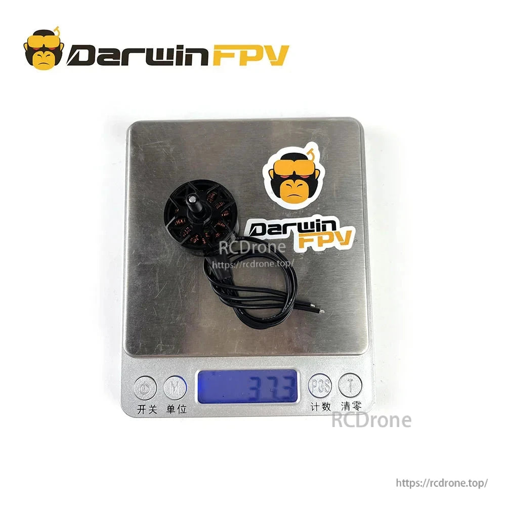 Motor on digital scale showing weight reading 37.3g for DarwinFPV 2307.5 brushless motor