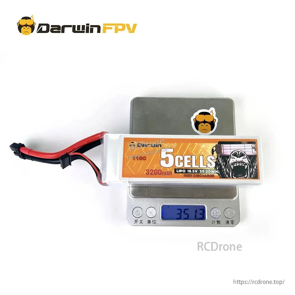 DarwinFPV 5S 3200mAh 18.5V LiPo battery on digital scale showing 351.3 g weight reading