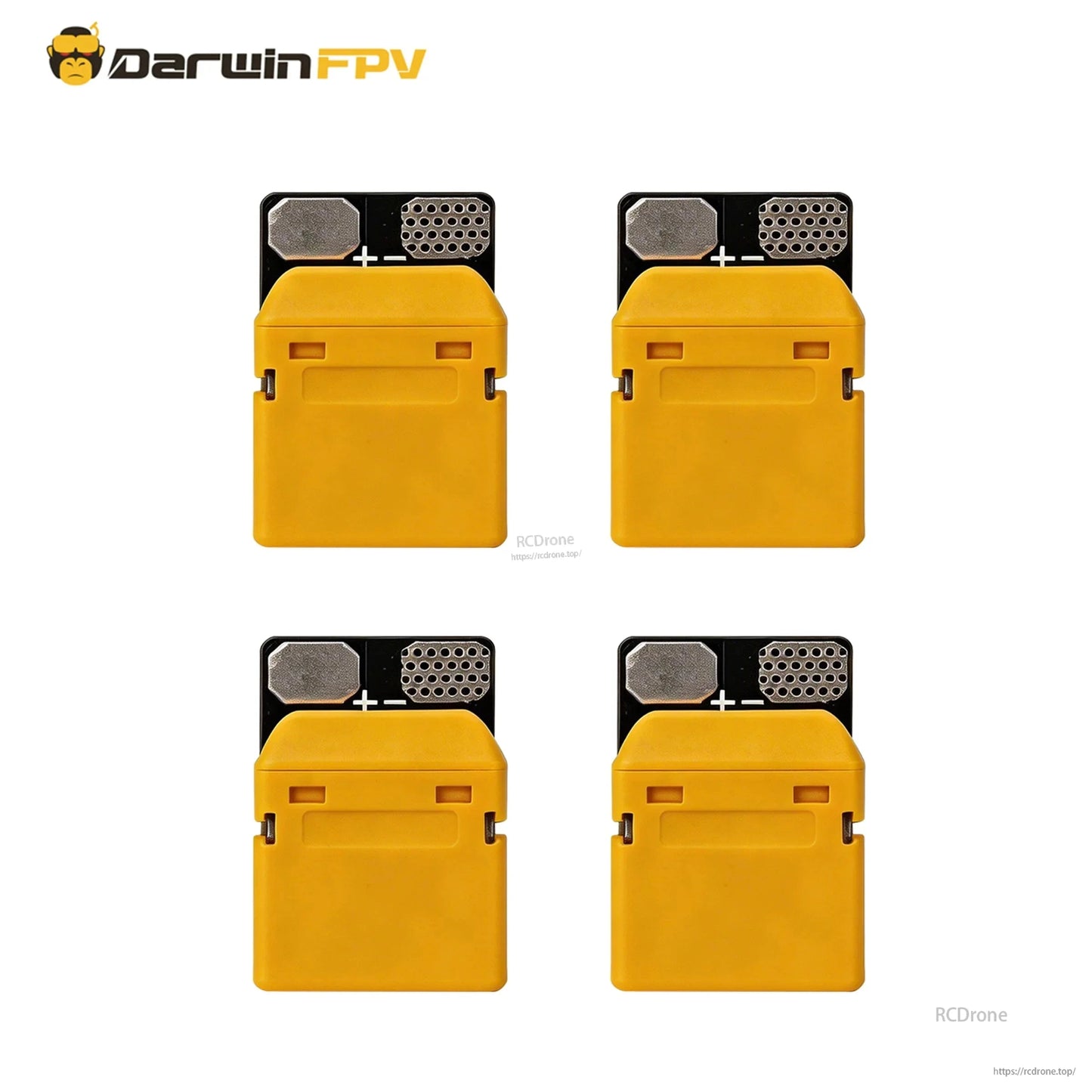 Four DarwinFPV XT60 anti-spark filter modules displayed in a 2x2 grid, front view