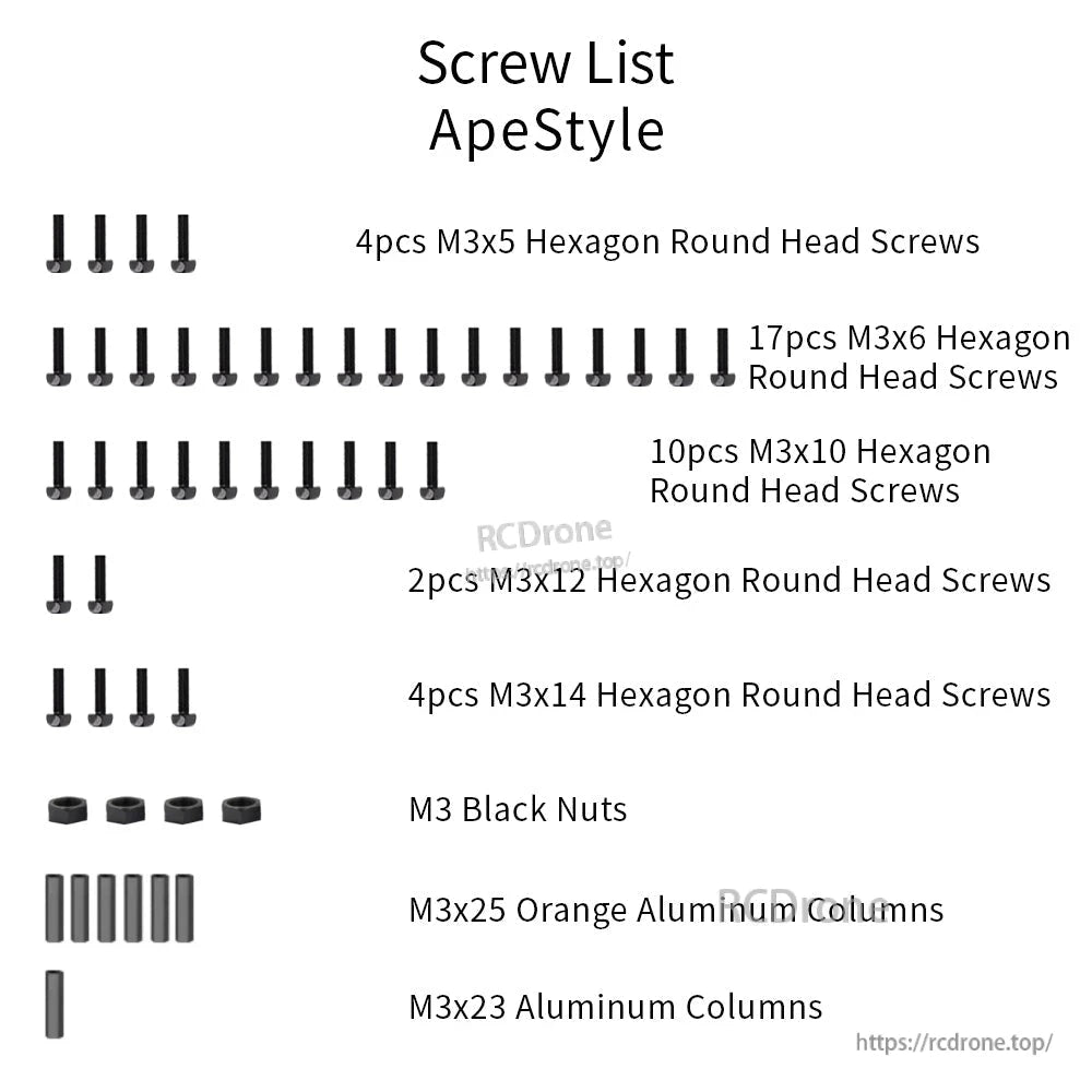 ApeStyle screw list showing M3 hex round head screws, M3 black nuts, and aluminum standoff columns