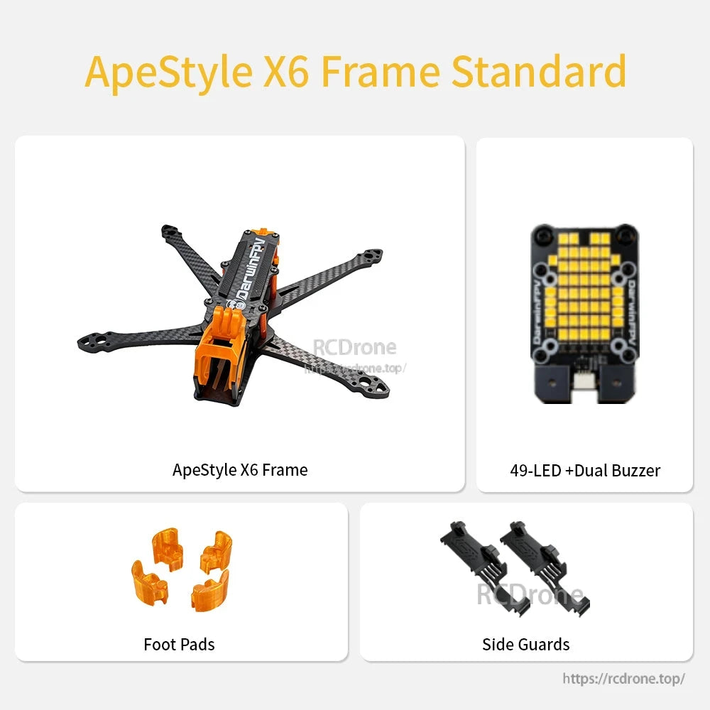 DarwinFPV ApeStyle X6 FPV drone frame kit contents with carbon frame, 49-LED dual buzzer, foot pads and side guards