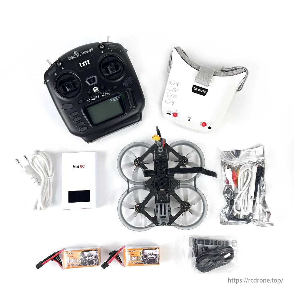 DarwinFPV CineApe 25 RTF Analog FPV Drone Kit includes TX12 ELRS, VR009 Goggles, batteries, charger, and accessories.