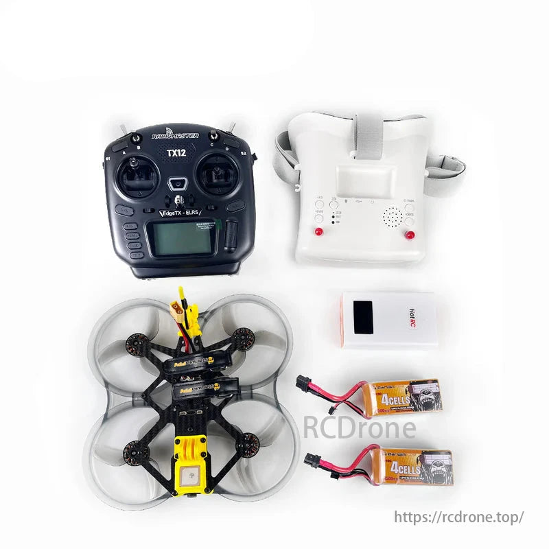 DarwinFPV CineApe35 4S Analog FPV Drone with ELRS TX12 Controller, 4.3" Goggles, and Charger.