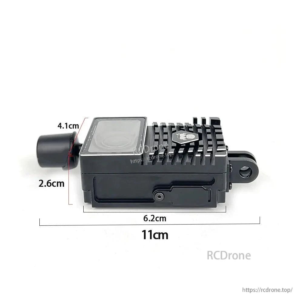 Side view with dimensions labeled 11 cm length and 6.2 cm base, plus 4.1 cm and 2.6 cm heights