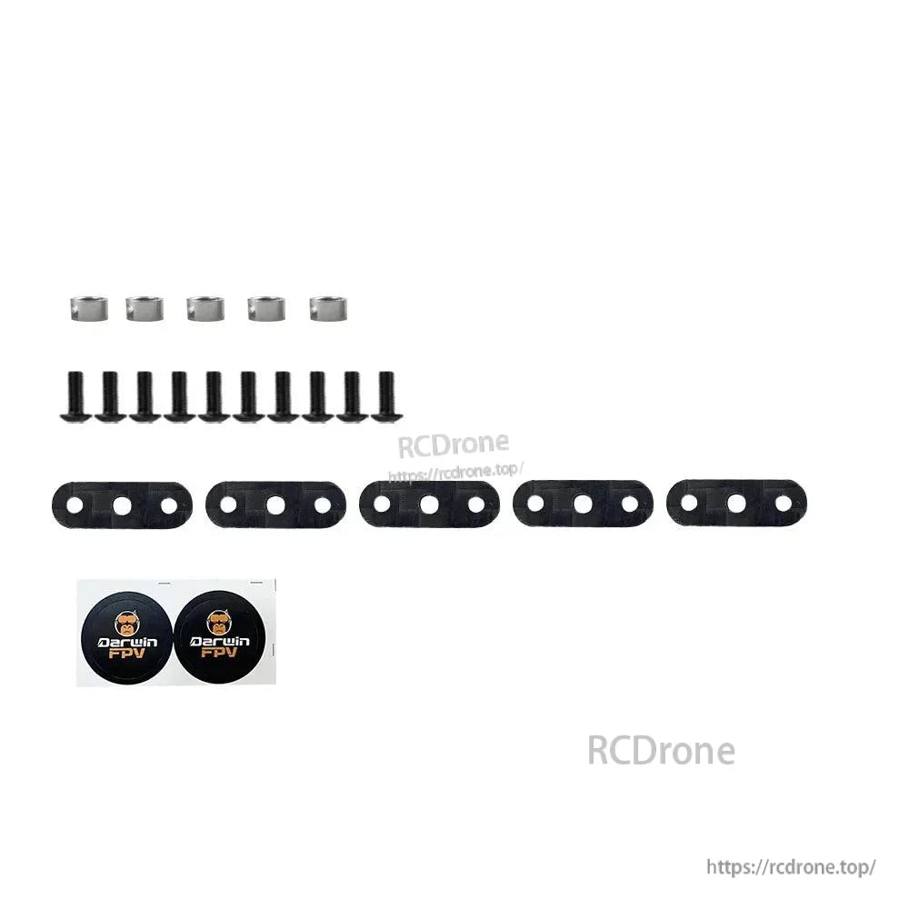 Accessory parts layout: screws, spacers, five mounting plates and two DarwinFPV stickers (watermarked)
