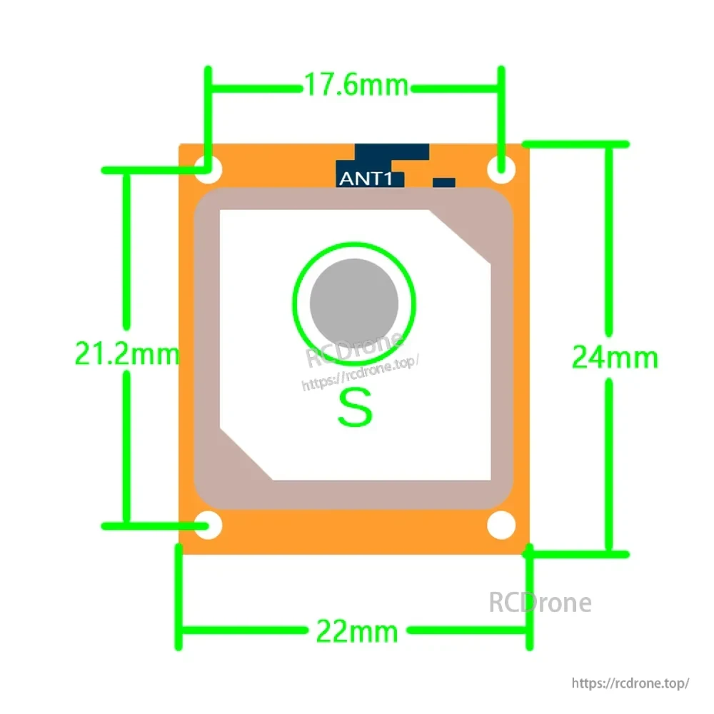 GM8 GPS antenna module dimensions diagram showing 22 x 24 mm and mounting hole spacing
