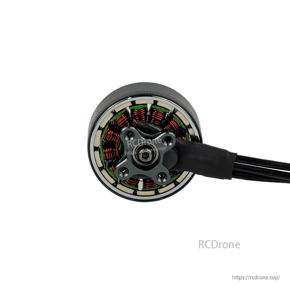 Bottom view of DeepSpace Aether 2006 2550KV brushless motor with exposed copper windings and three-wire lead