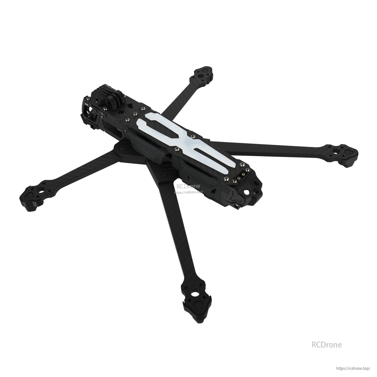 DeepSpace ROC 7 Carbon Fiber FPV Frame, DeepSpace ROC 7 carbon fiber FPV drone frame with four arms, front camera cage, and silver top plate