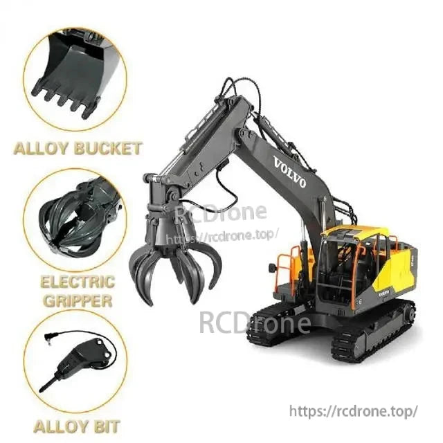 Double E RC excavator with 17-channel remote, 3-in-1 bucket/drill/gripper and 660° rotation.