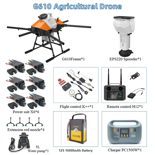 Drone agrícola EFT G610 10L - 6 eixos 10L, peso de carga total 27KG, espalhando e pulverizando com Hobbywing X6, JIYI K++, Skydroid H12, bateria Tattu 12S 22000mAh