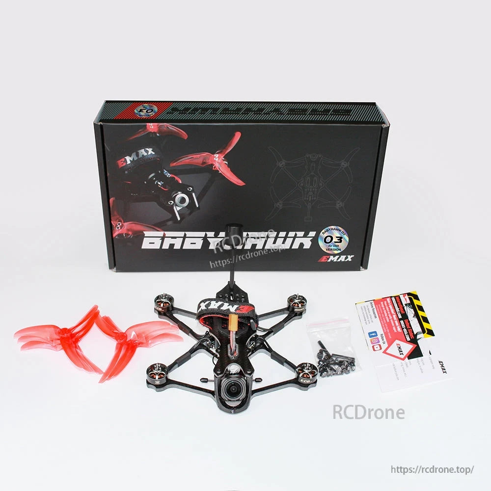 Package contents with Babyhawk O3 quad, retail box, spare propellers, screws and paperwork
