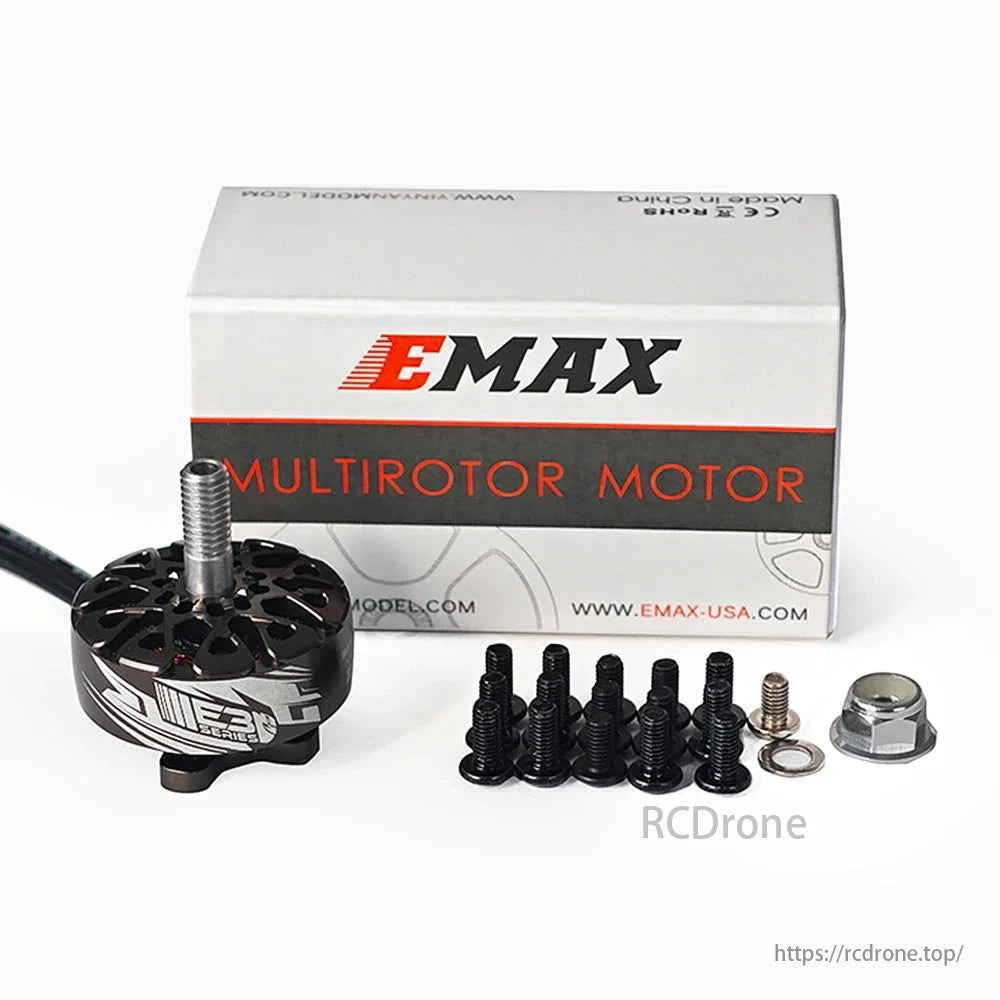 EMAX ECOIII 2306 brushless motor for 5-inch FPV racing drones, including screws and packaging.