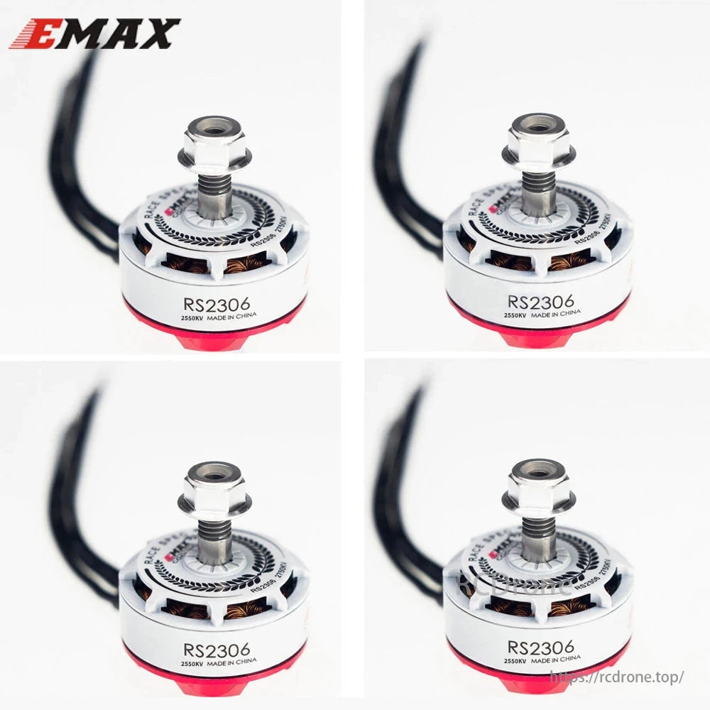 EMAX RS2306 2306 2550KV Brushless Motor, EMAX RS2306 2550KV brushless motor for 5-inch FPV racer quadcopter, made in China, with red base and black wires.
