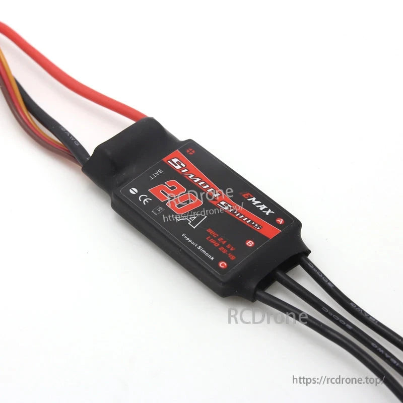 Simon Series 20A brushless ESC close-up with three motor output wires and red/black battery leads